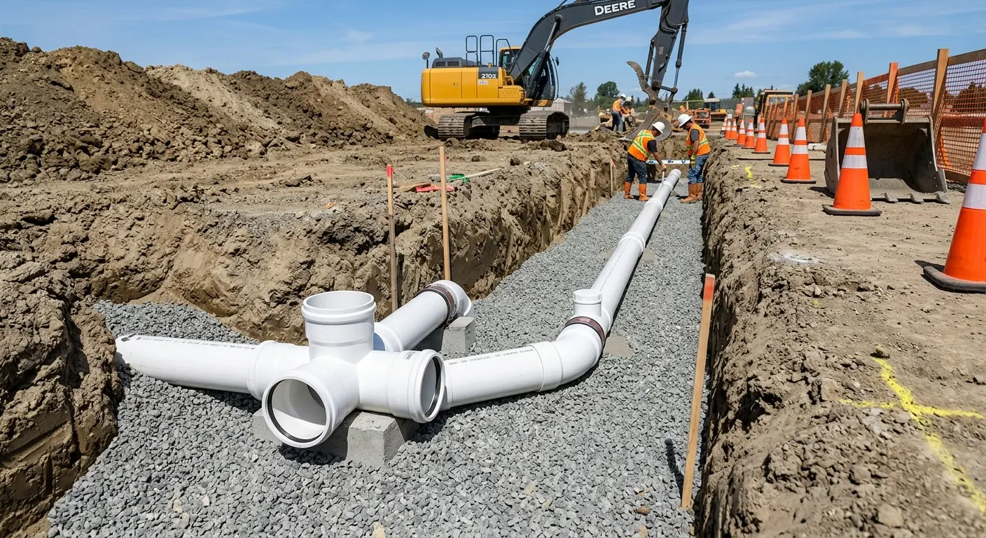 New PVC sewer pipe installation in open trench for Commercial Drain Cleaning in Franklin