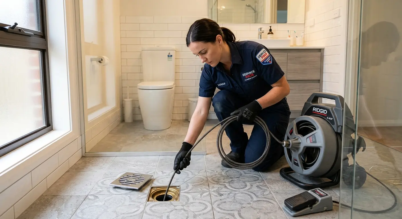 Technician clearing a bathroom floor drain for Hydro Jetting in Franklin
